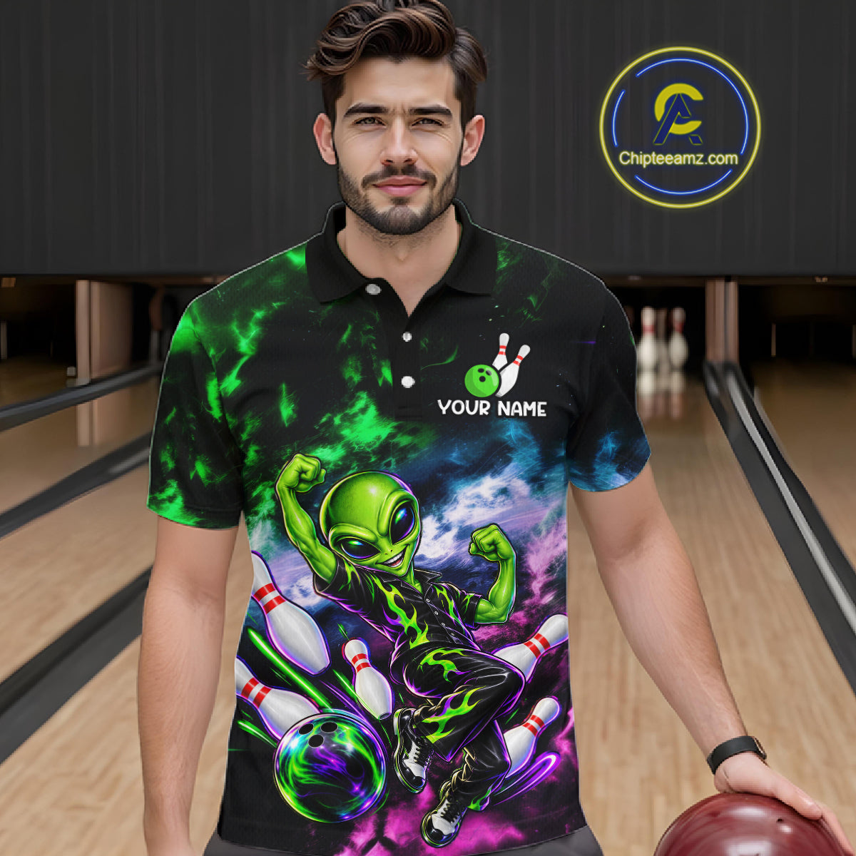 Custom Green & Pink Alien Bowling Shirt for Men Smoke Funny Bowling Team Jersey QZT1372