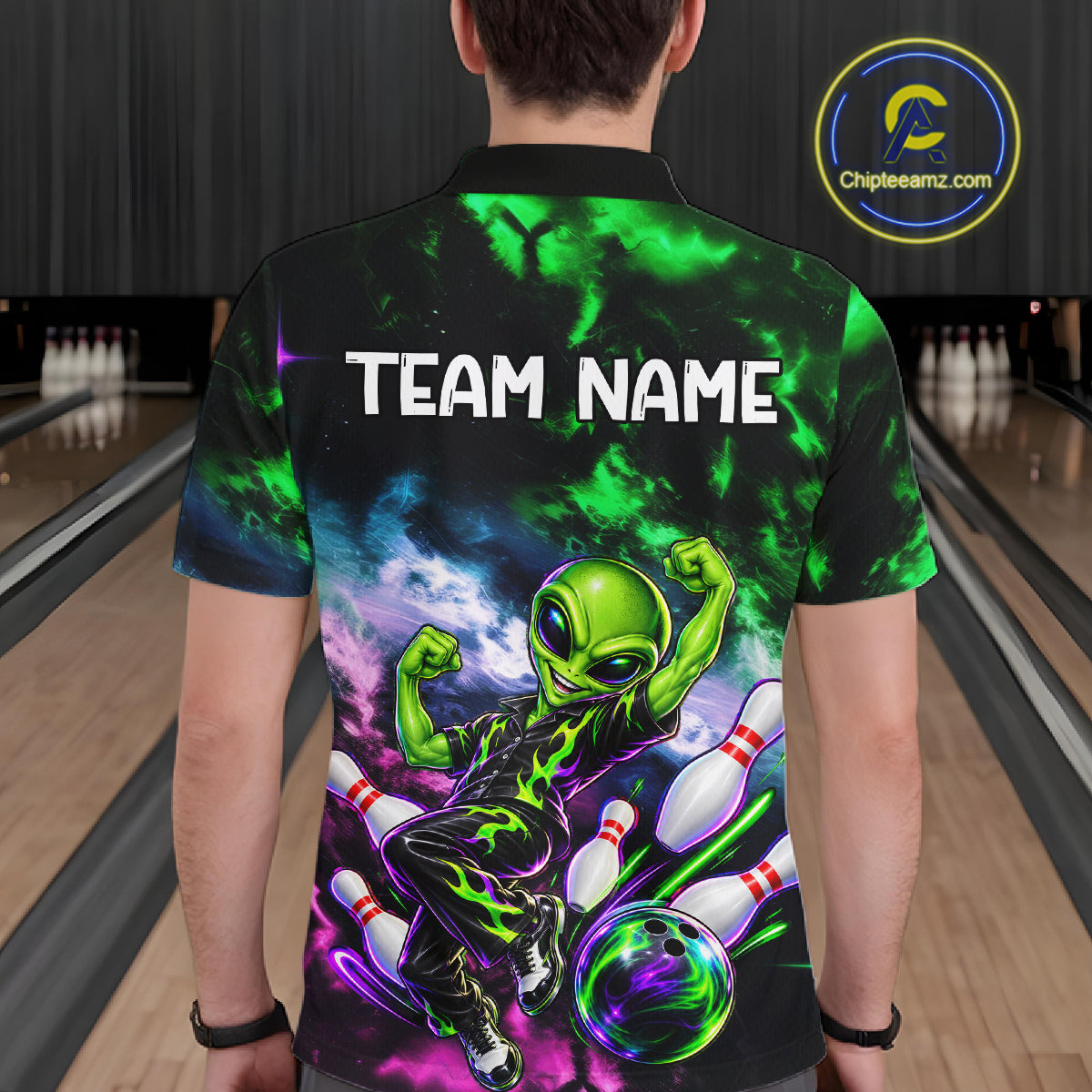 Custom Green & Pink Alien Bowling Shirt for Men Smoke Funny Bowling Team Jersey QZT1372