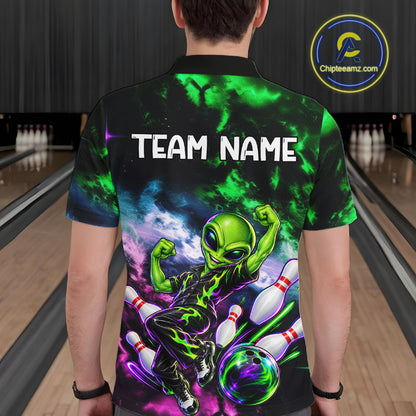 Custom Green & Pink Alien Bowling Shirt for Men Smoke Funny Bowling Team Jersey QZT1372