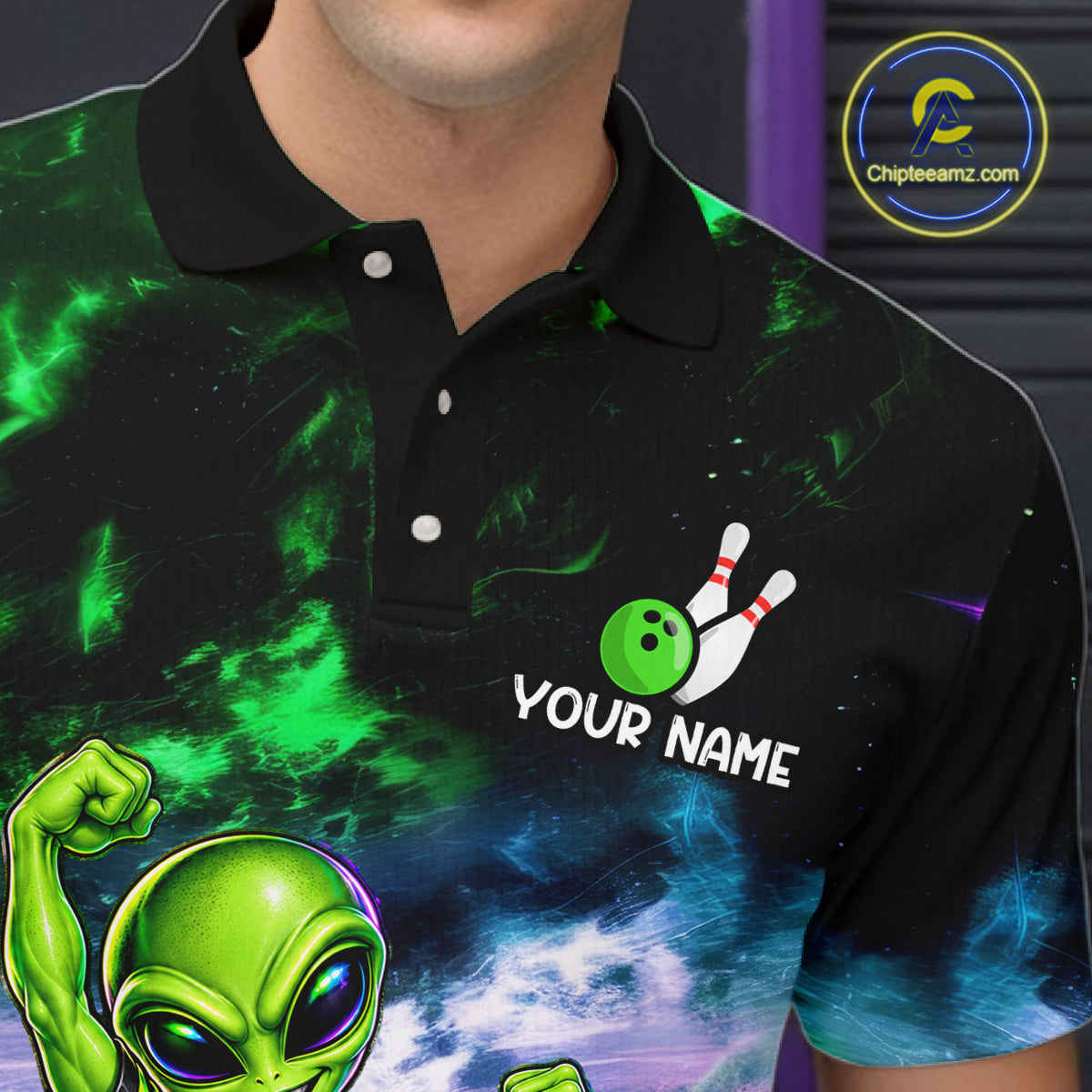 Custom Green & Pink Alien Bowling Shirt for Men Smoke Funny Bowling Team Jersey QZT1372