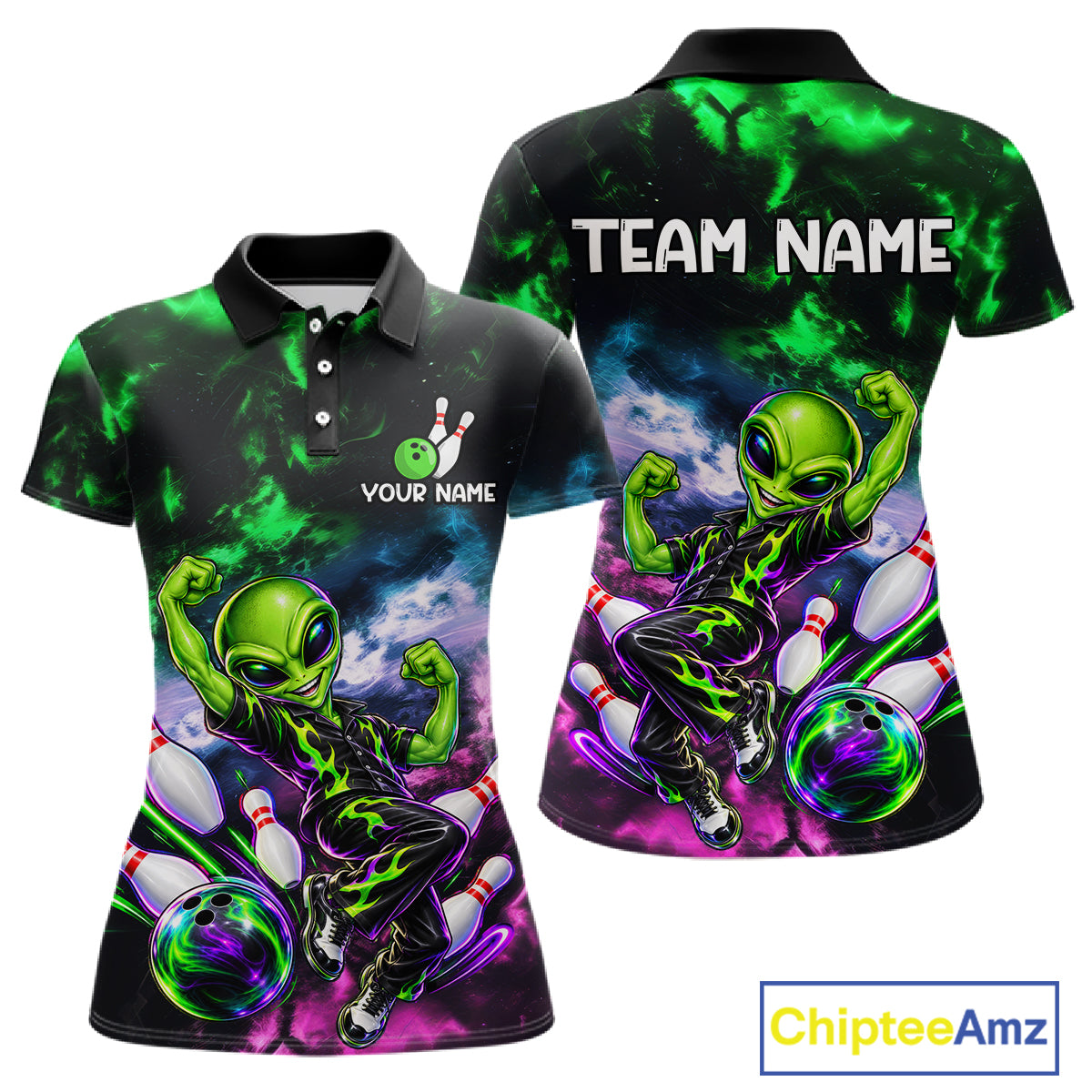 Custom Green & Pink Alien Bowling Shirt for Women Smoke Funny Bowling Team Jersey QZT1372