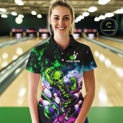 Custom Green & Pink Alien Bowling Shirt for Women Smoke Funny Bowling Team Jersey QZT1372