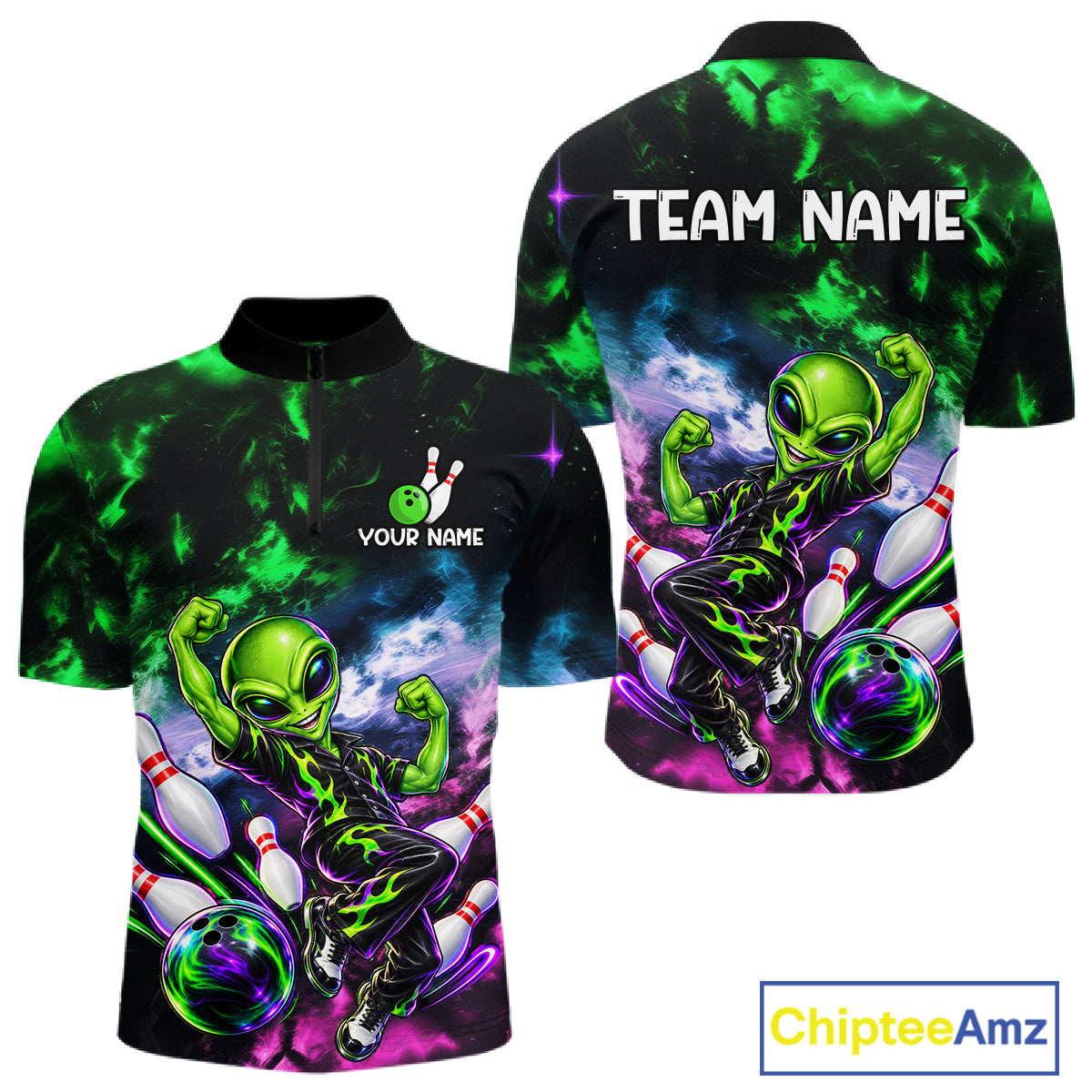 Custom Green & Pink Alien Bowling Shirt for Men Smoke Funny Bowling Team Jersey QZT1372