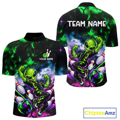 Custom Green & Pink Alien Bowling Shirt for Men Smoke Funny Bowling Team Jersey QZT1372