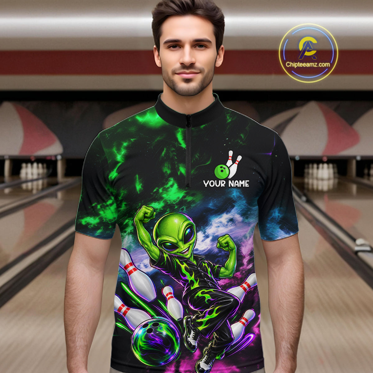 Custom Green & Pink Alien Bowling Shirt for Men Smoke Funny Bowling Team Jersey QZT1372