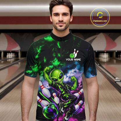 Custom Green & Pink Alien Bowling Shirt for Men Smoke Funny Bowling Team Jersey QZT1372