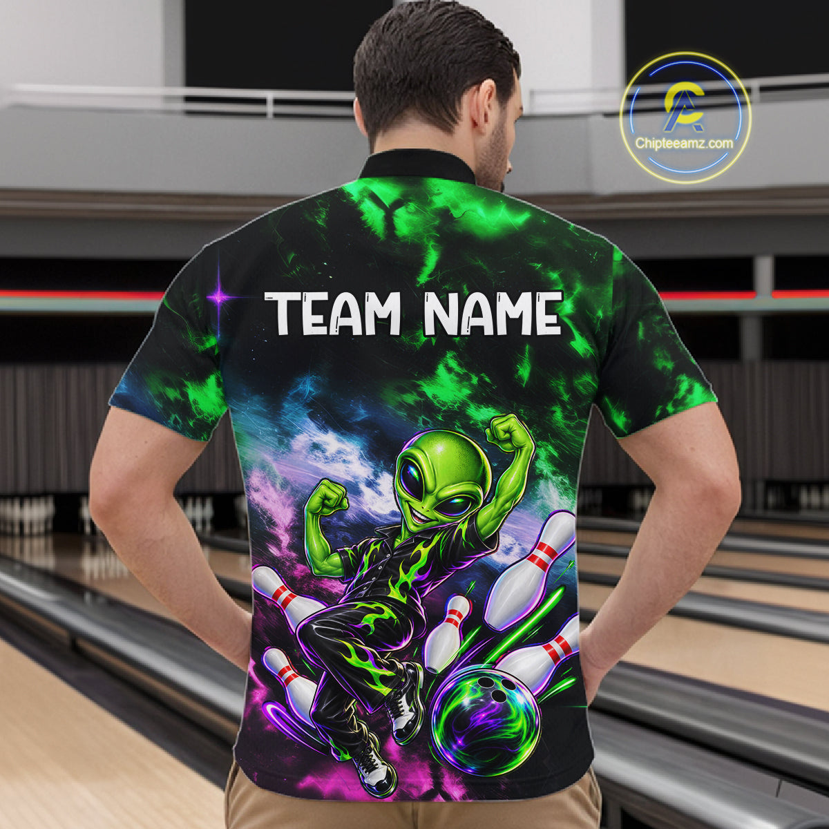 Custom Green & Pink Alien Bowling Shirt for Men Smoke Funny Bowling Team Jersey QZT1372