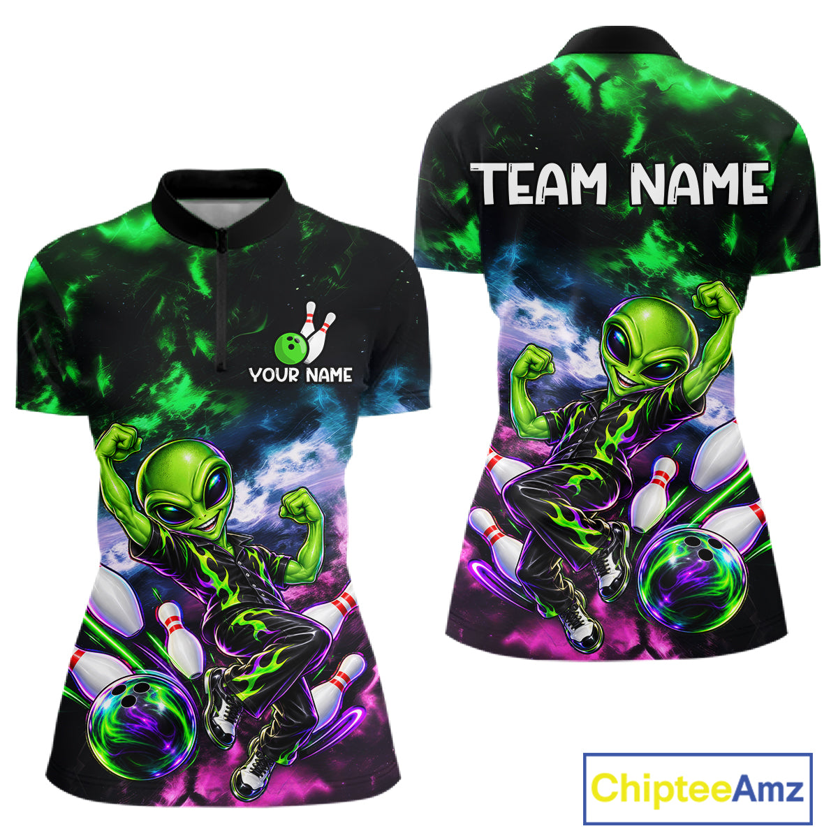 Custom Green & Pink Alien Bowling Shirt for Women Smoke Funny Bowling Team Jersey QZT1372
