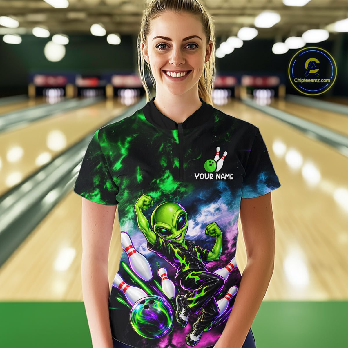 Custom Green & Pink Alien Bowling Shirt for Women Smoke Funny Bowling Team Jersey QZT1372