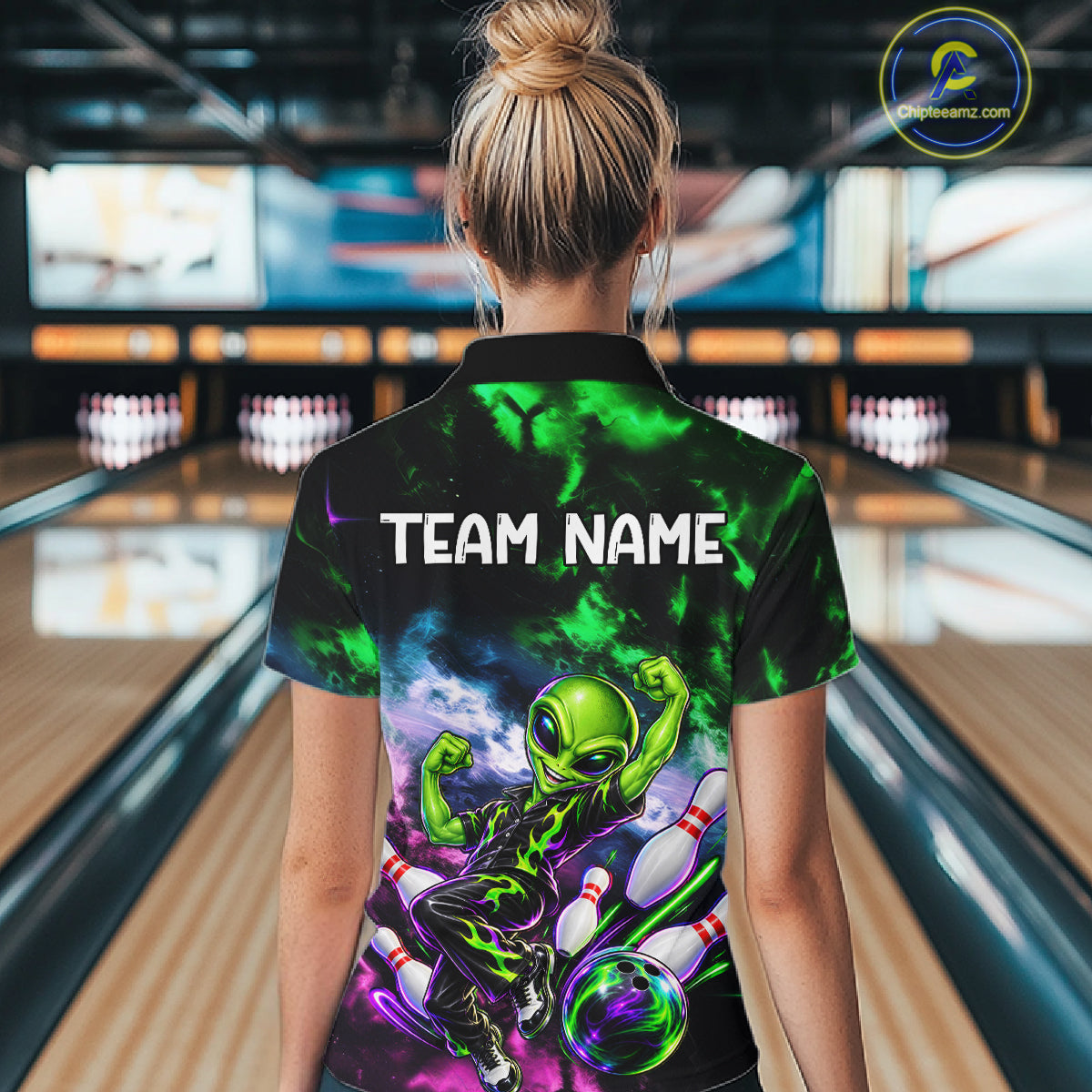 Custom Green & Pink Alien Bowling Shirt for Women Smoke Funny Bowling Team Jersey QZT1372