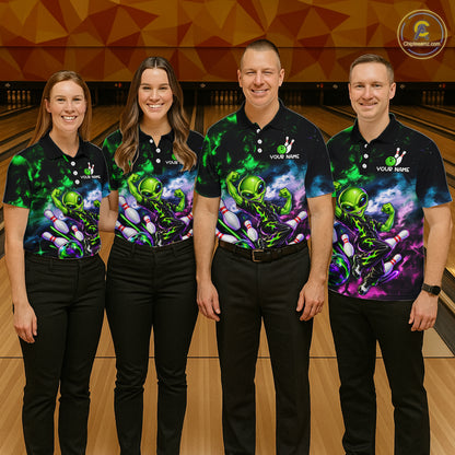 Custom Green & Pink Alien Bowling Shirt for Women Smoke Funny Bowling Team Jersey QZT1372