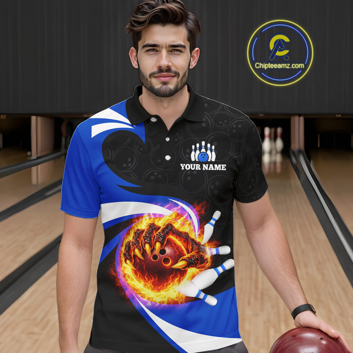 Personalized Blue Flame Demon Hand Bowling Shirt for Men Bowling Outfit Polo & Quarter-Zip Bowling Jersey QZT867