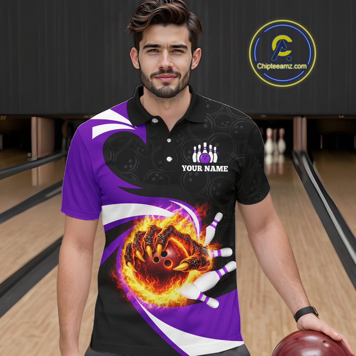 Personalized Purple Flame Demon Hand Bowling Shirt for Men Bowling Outfit Polo & Quarter-Zip Bowling Jersey QZT867