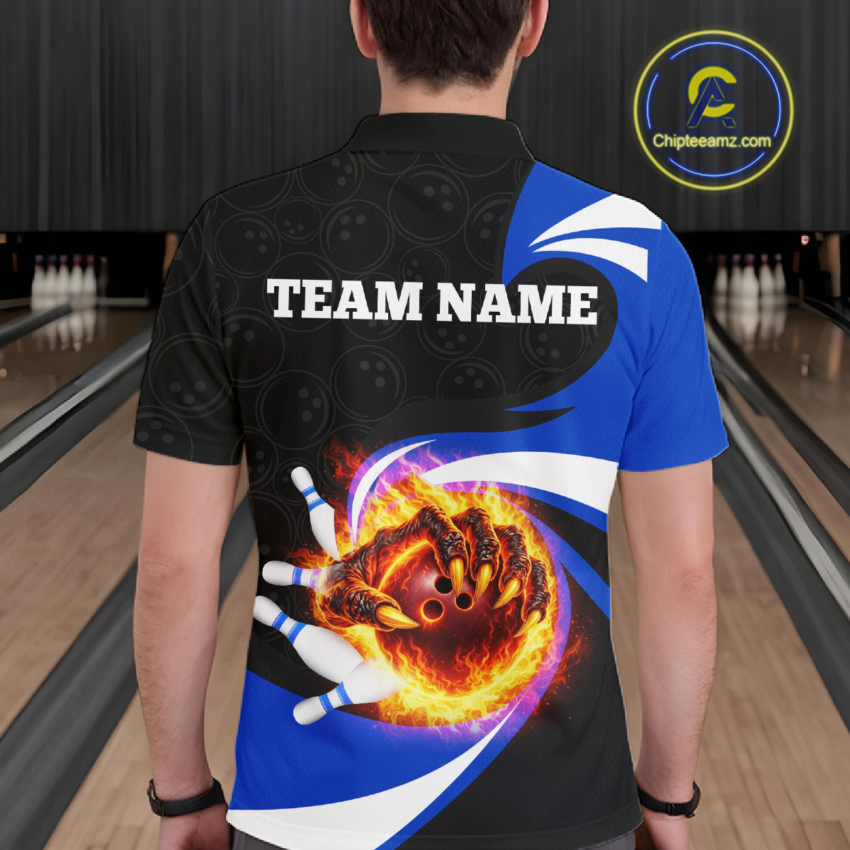 Personalized Blue Flame Demon Hand Bowling Shirt for Men Bowling Outfit Polo & Quarter-Zip Bowling Jersey QZT867