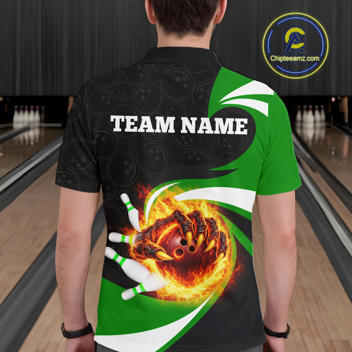 Personalized Green Flame Demon Hand Bowling Shirt for Men Bowling Outfit Polo & Quarter-Zip Bowling Jersey QZT867