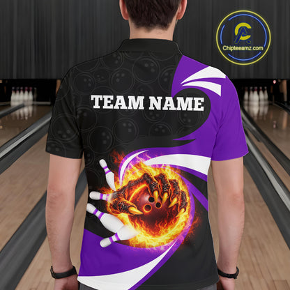 Personalized Purple Flame Demon Hand Bowling Shirt for Men Bowling Outfit Polo & Quarter-Zip Bowling Jersey QZT867