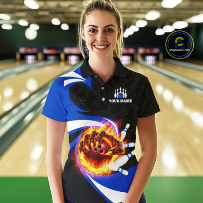 Personalized Blue Flame Demon Hand Bowling Shirt for Women Bowling Outfit Polo & Quarter-Zip Bowling Jersey QZT867