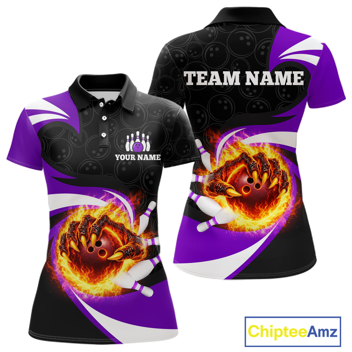 Personalized Purple Flame Demon Hand Bowling Shirt for Women Bowling Outfit Polo & Quarter-Zip Bowling Jersey QZT867