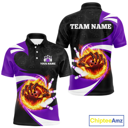 Personalized Purple Flame Demon Hand Bowling Shirt for Men Bowling Outfit Polo & Quarter-Zip Bowling Jersey QZT867