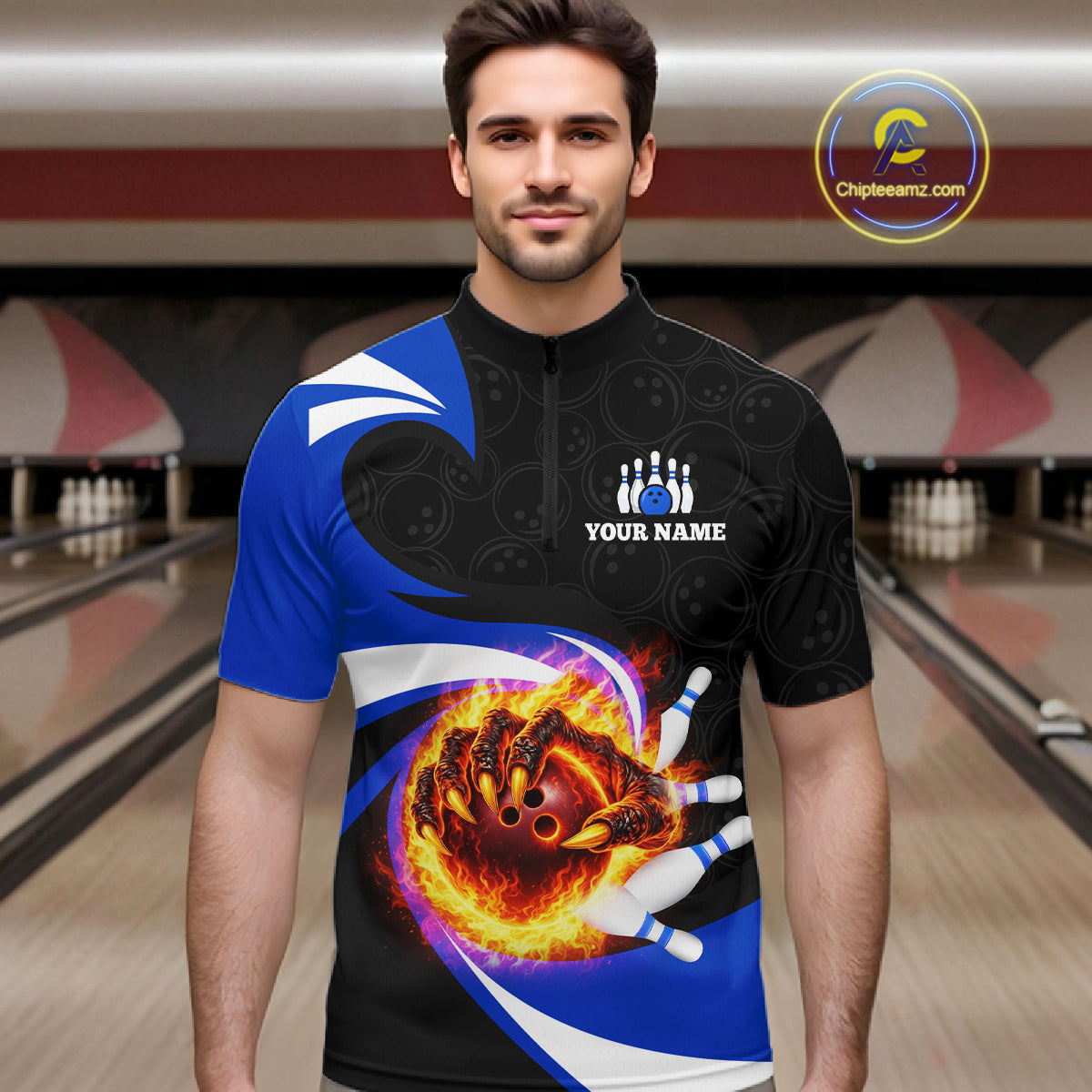 Personalized Blue Flame Demon Hand Bowling Shirt for Men Bowling Outfit Polo & Quarter-Zip Bowling Jersey QZT867