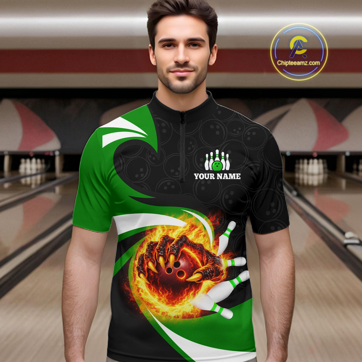 Personalized Green Flame Demon Hand Bowling Shirt for Men Bowling Outfit Polo & Quarter-Zip Bowling Jersey QZT867