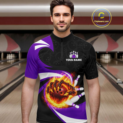 Personalized Purple Flame Demon Hand Bowling Shirt for Men Bowling Outfit Polo & Quarter-Zip Bowling Jersey QZT867