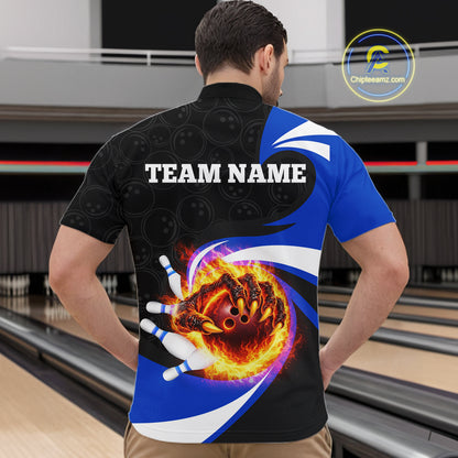 Personalized Blue Flame Demon Hand Bowling Shirt for Men Bowling Outfit Polo & Quarter-Zip Bowling Jersey QZT867
