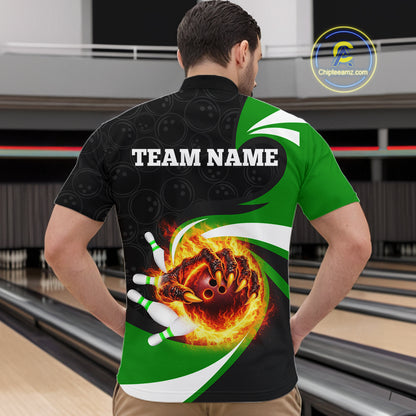 Personalized Green Flame Demon Hand Bowling Shirt for Men Bowling Outfit Polo & Quarter-Zip Bowling Jersey QZT867