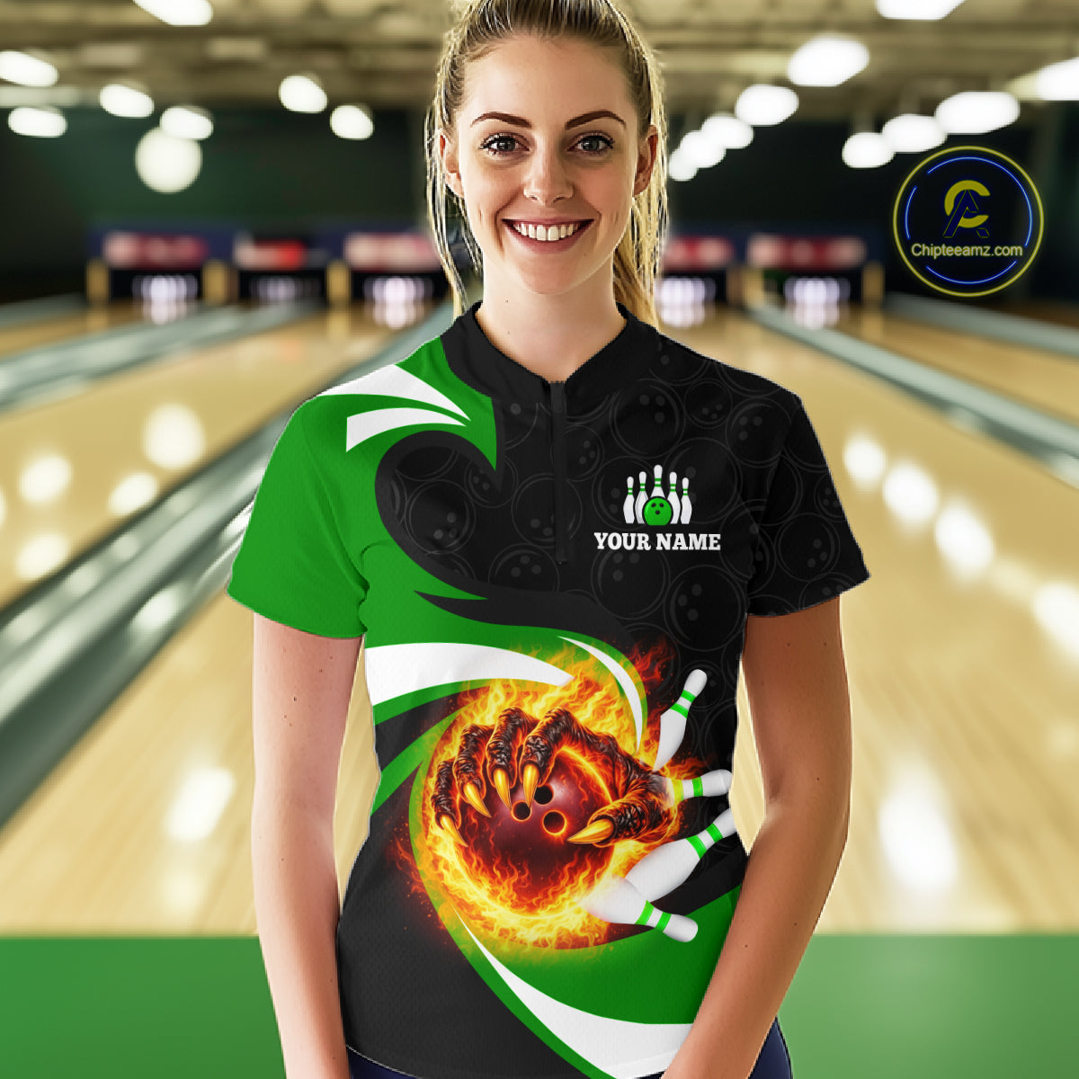 Personalized Green Flame Demon Hand Bowling Shirt for Women Bowling Outfit Polo & Quarter-Zip Bowling Jersey QZT867