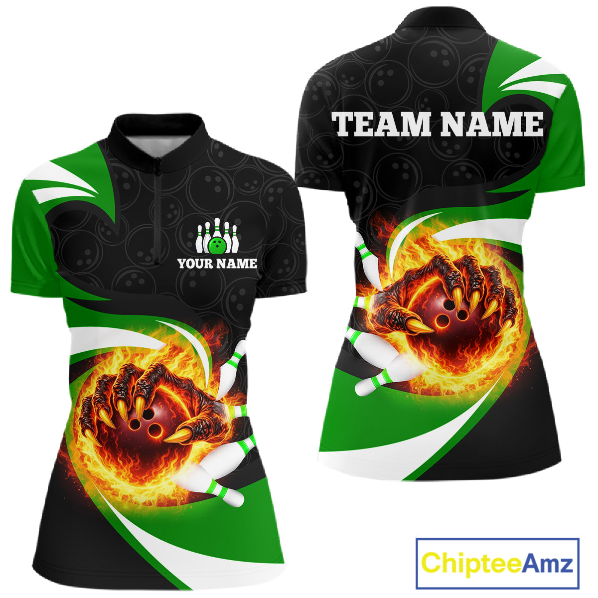 Personalized Green Flame Demon Hand Bowling Shirt for Women Bowling Outfit Polo & Quarter-Zip Bowling Jersey QZT867