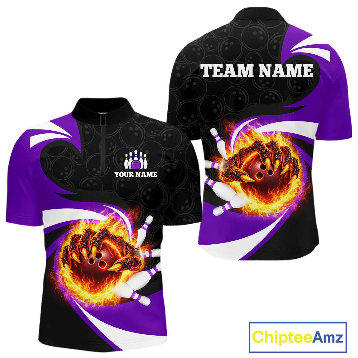 Personalized Purple Flame Demon Hand Bowling Shirt for Men Bowling Outfit Polo & Quarter-Zip Bowling Jersey QZT867
