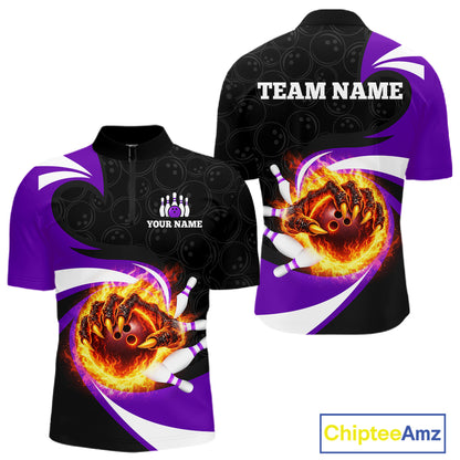 Personalized Purple Flame Demon Hand Bowling Shirt for Men Bowling Outfit Polo & Quarter-Zip Bowling Jersey QZT867