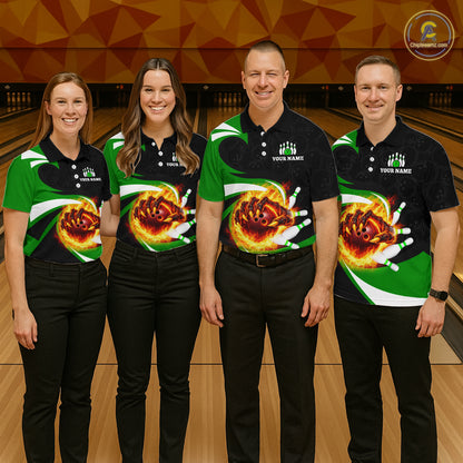 Personalized Green Flame Demon Hand Bowling Shirt for Men Bowling Outfit Polo & Quarter-Zip Bowling Jersey QZT867