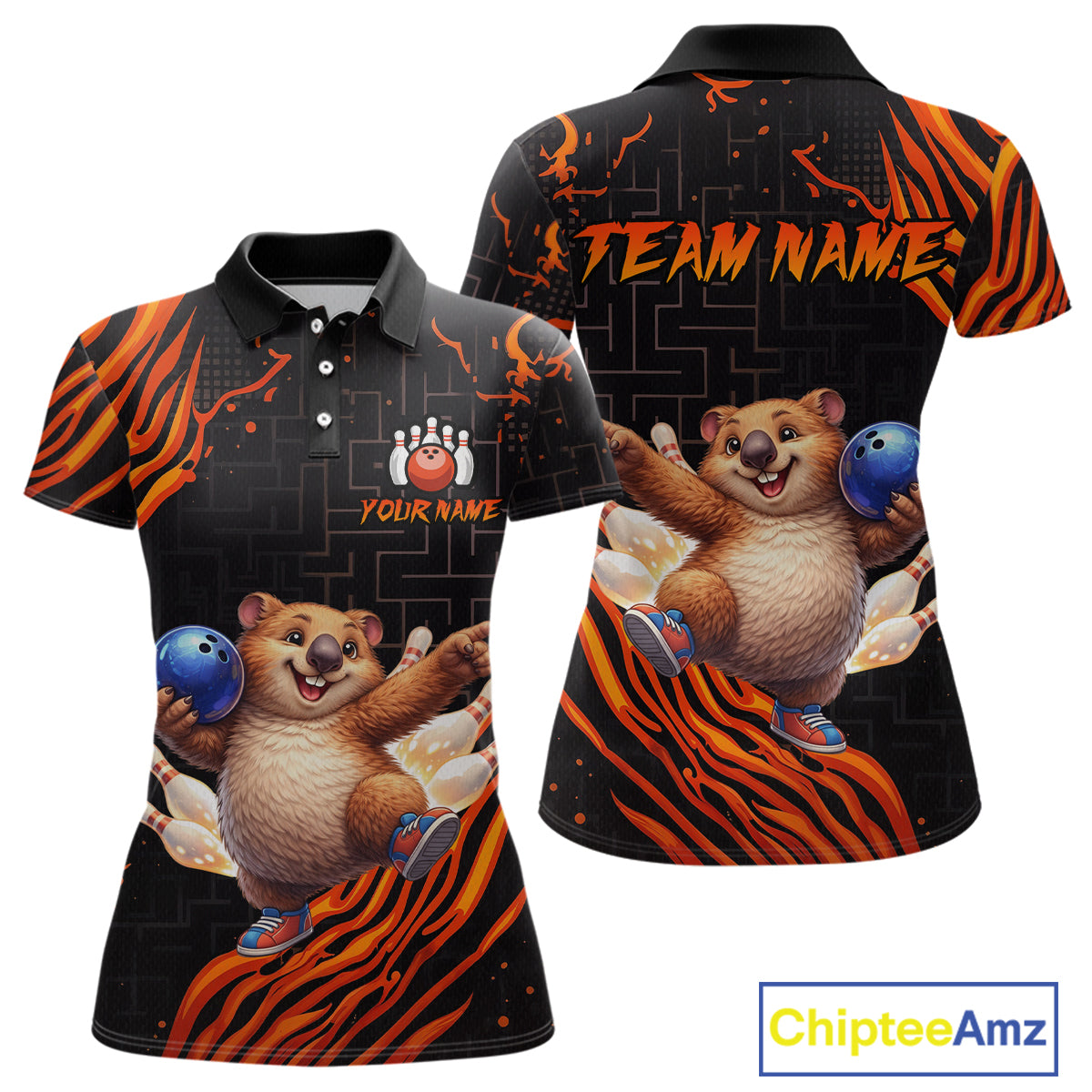 Orange Funny Wombat Bowling Shirt for Women Custom Bowling Jersey Polo & Quarter-Zip Bowling Outfit  QZT923