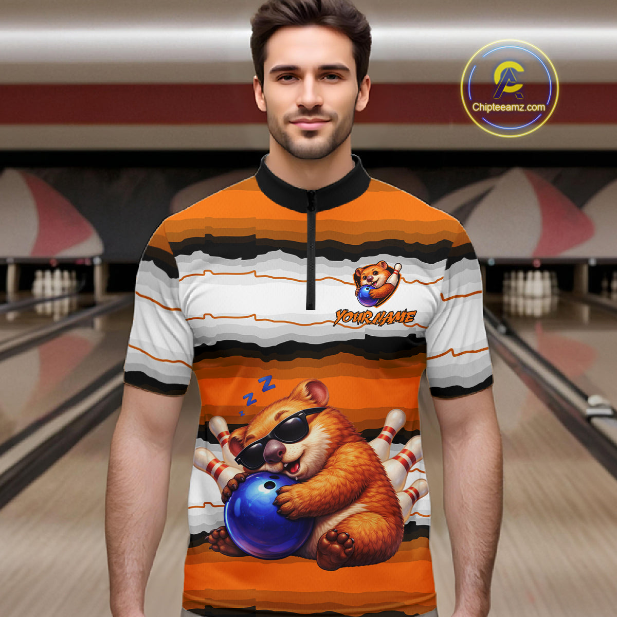Custom Orange Wombat Bowling Shirt for Men Bowling League Jersey Polo & 1/4-Zip Bowling Outfit QZT925