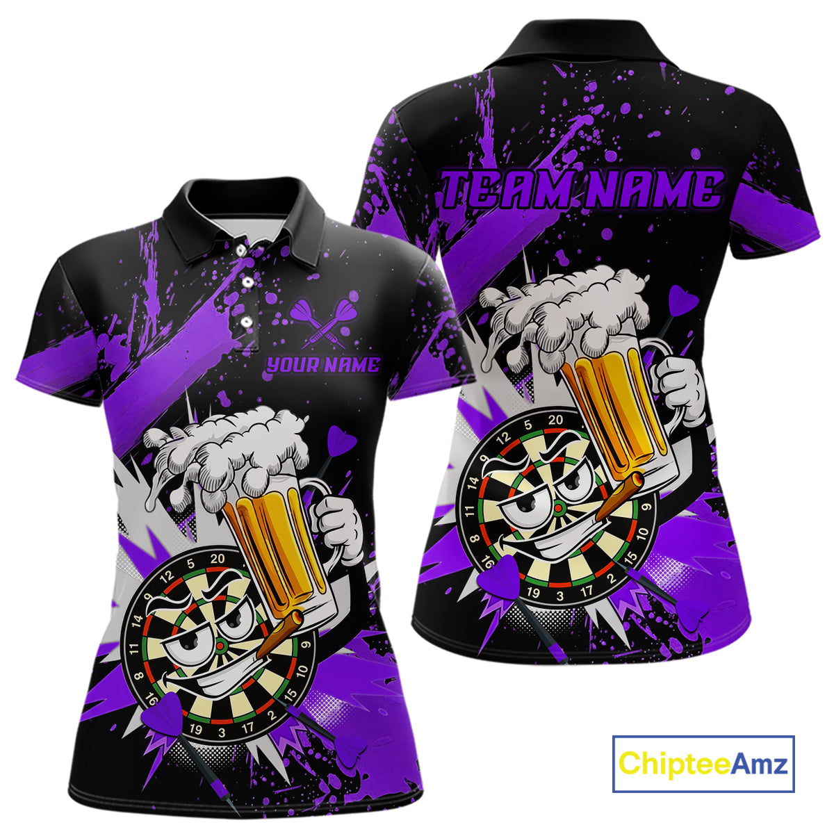 Custom short-sleeve polo shirt shown from the front and back, featuring a black base with bold purple paint splatter graphics, a cartoon dartboard character holding a beer mug, and customizable text areas reading 'YOUR NAME' and 'TEAM NAME'.