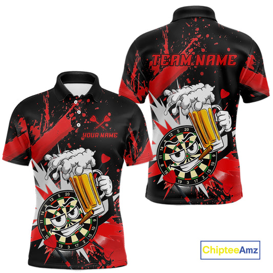 Custom short-sleeve polo shirt shown from the front and back, featuring a black base with bold red paint splatters and a cartoon dartboard-themed graphic holding a beer mug. Includes customizable text placeholders 'YOUR NAME' and 'TEAM.