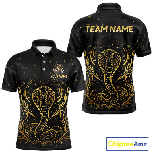 Custom black & gold cobra bowling polo shirt, front and back views, bowling league jersey for men