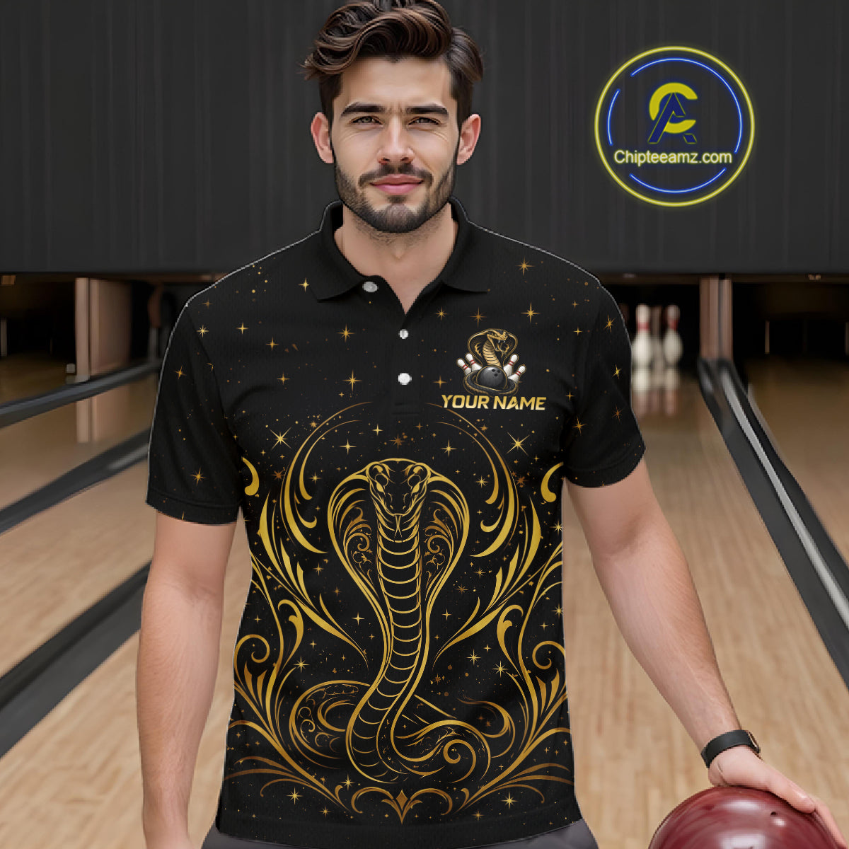 Man wearing custom black & gold cobra bowling polo shirt, front view mockup, personalized bowling league jersey.