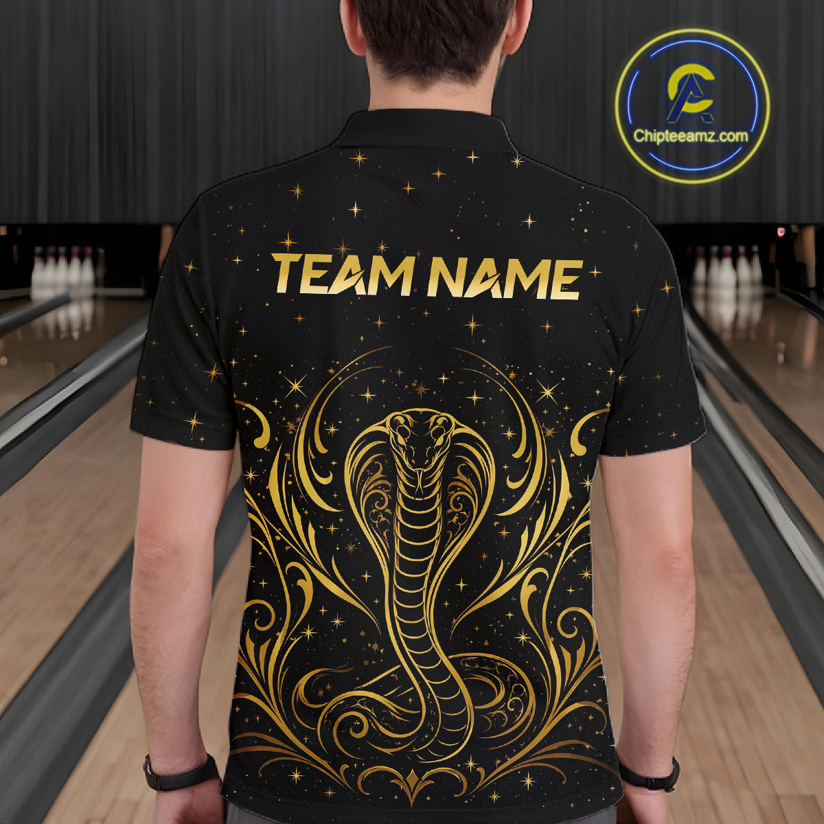 Man wearing custom black & gold cobra bowling polo shirt, back view mockup, personalized bowling league jersey.