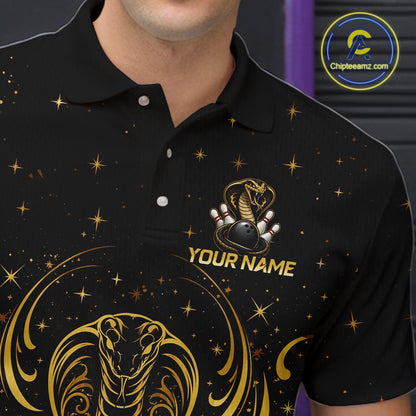 Close-up collar view of custom black & gold cobra  bowling polo shirt with personalized name detail.