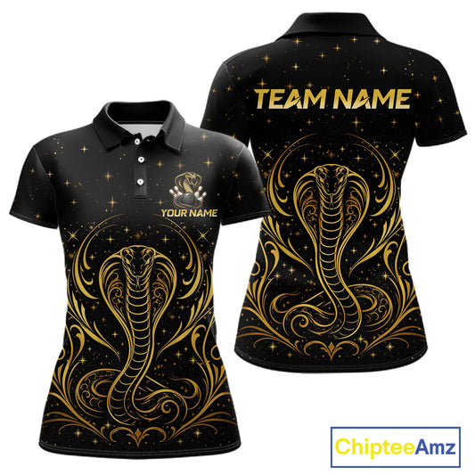 Custom black & gold cobra bowling polo shirt, front and back views, bowling league jersey for women