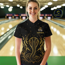 Load image into Gallery viewer, Woman wearing custom black &amp; gold cobra bowling quarter-zip shirt, front view mockup, personalized bowling league jersey.