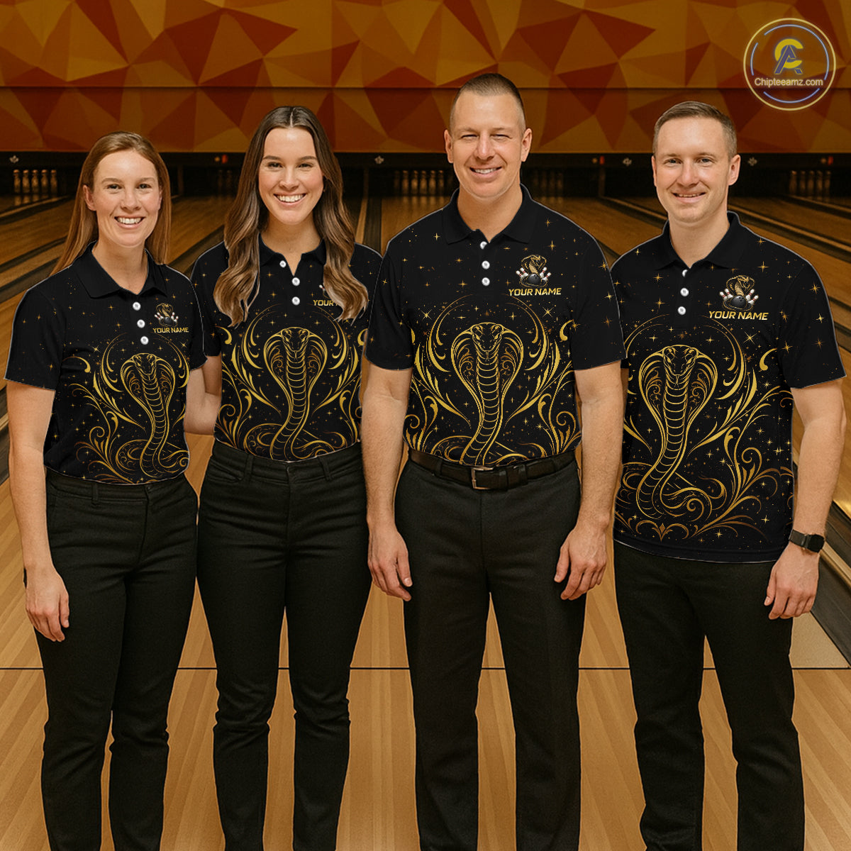 Bowling team wearing custom black & gold cobra bowling shirts, group front view mockup, personalized team jerseys.