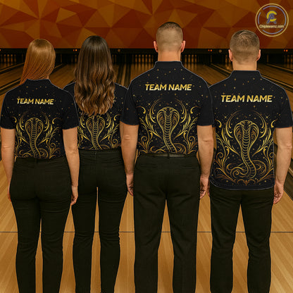 Bowling team wearing custom black & gold cobra bowling shirts, group back view mockup, personalized team jerseys.