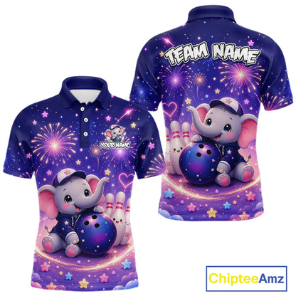 Custom funny elephant firework bowling polo shirt, front and back views, bowling league jersey for men
