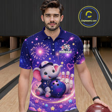 Load image into Gallery viewer, Man wearing custom funny elephant firework bowling polo shirt, front view mockup, personalized bowling league jersey.