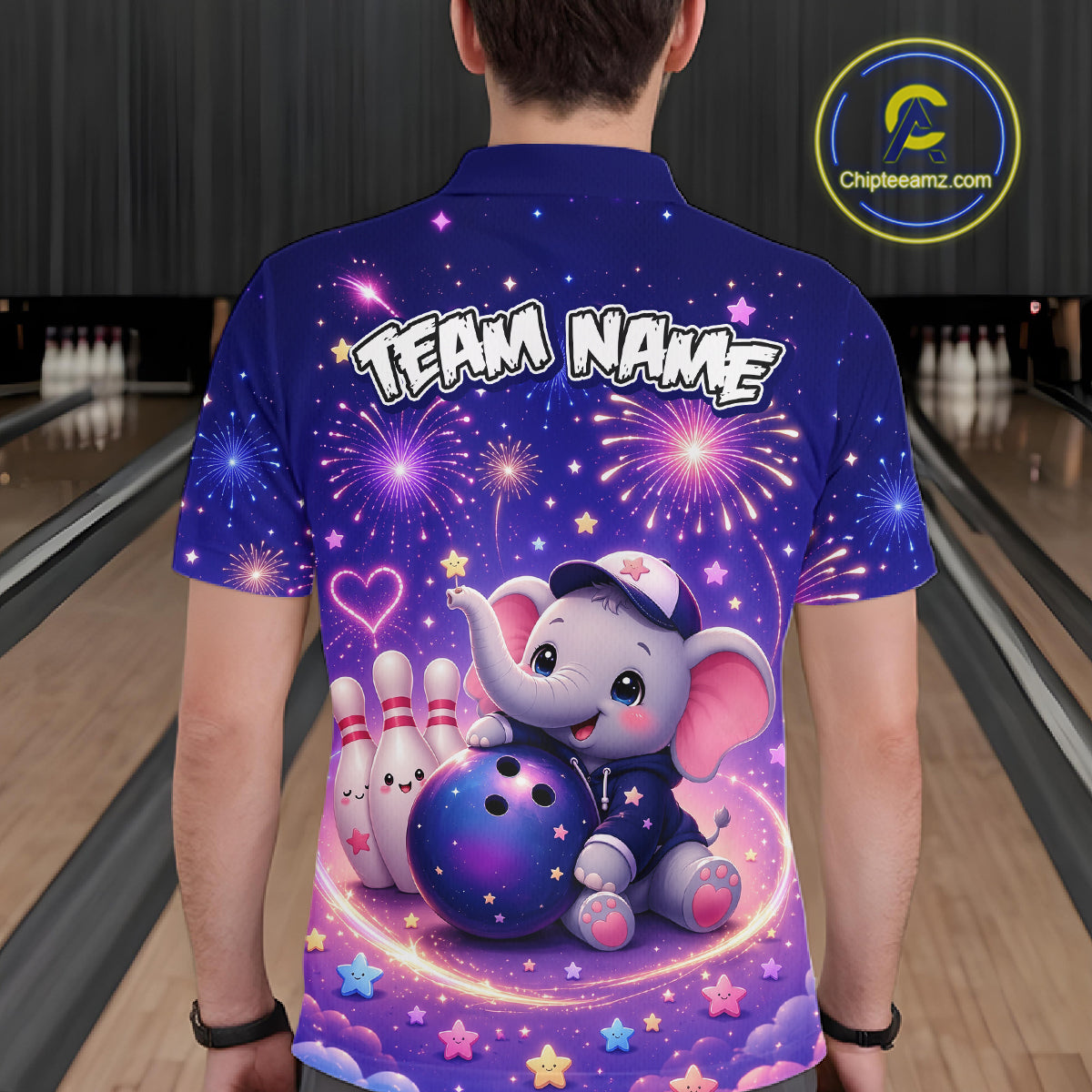 Man wearing custom funny elephant firework bowling polo shirt, back view mockup, personalized bowling league jersey.