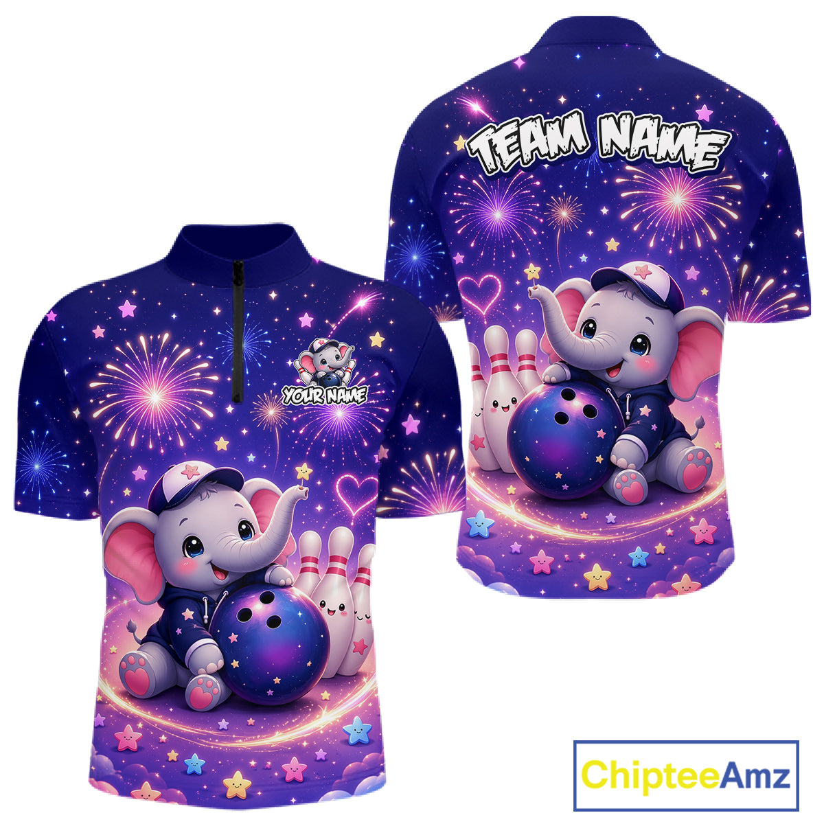 Custom funny elephant firework bowling quarter-zip shirt, front and back views, bowling league jersey for men