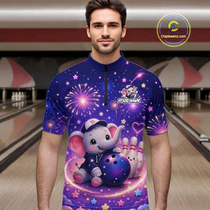 Man wearing custom funny elephant firework bowling 1/4 zip shirt, front view mockup, personalized bowling league jersey.